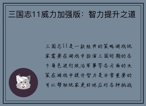 三国志11威力加强版：智力提升之道