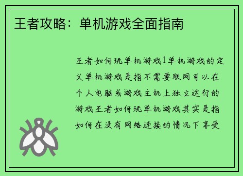 王者攻略：单机游戏全面指南