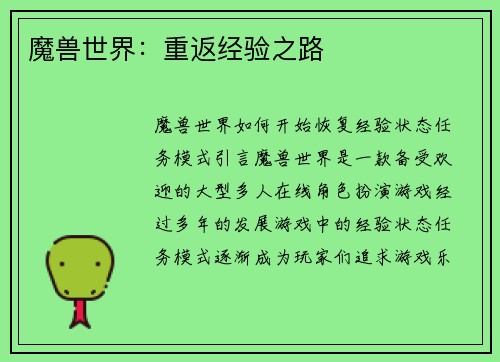 魔兽世界：重返经验之路